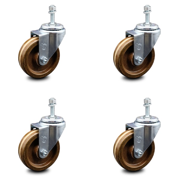 4 Inch High Temp Phenolic Wheel Swivel 10mm Threaded Stem Caster Set SCC